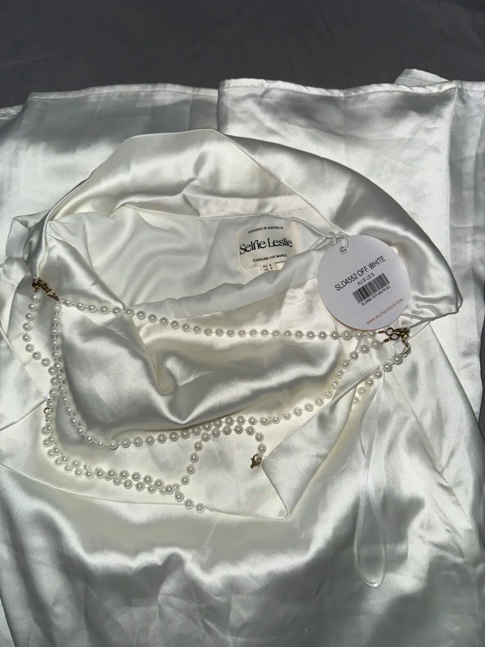 Selfie Leslie Eternal Flame Pearl Strap Midi Dress Off White Size Small NEW - Picture 6 of 6